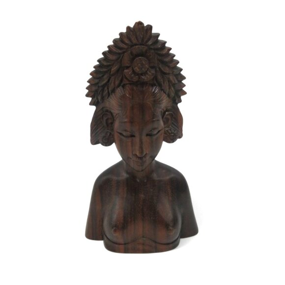 Female Wooden BUST Balinese Wooden With Floral Headdress from BALI 5" - Picture 1 of 10